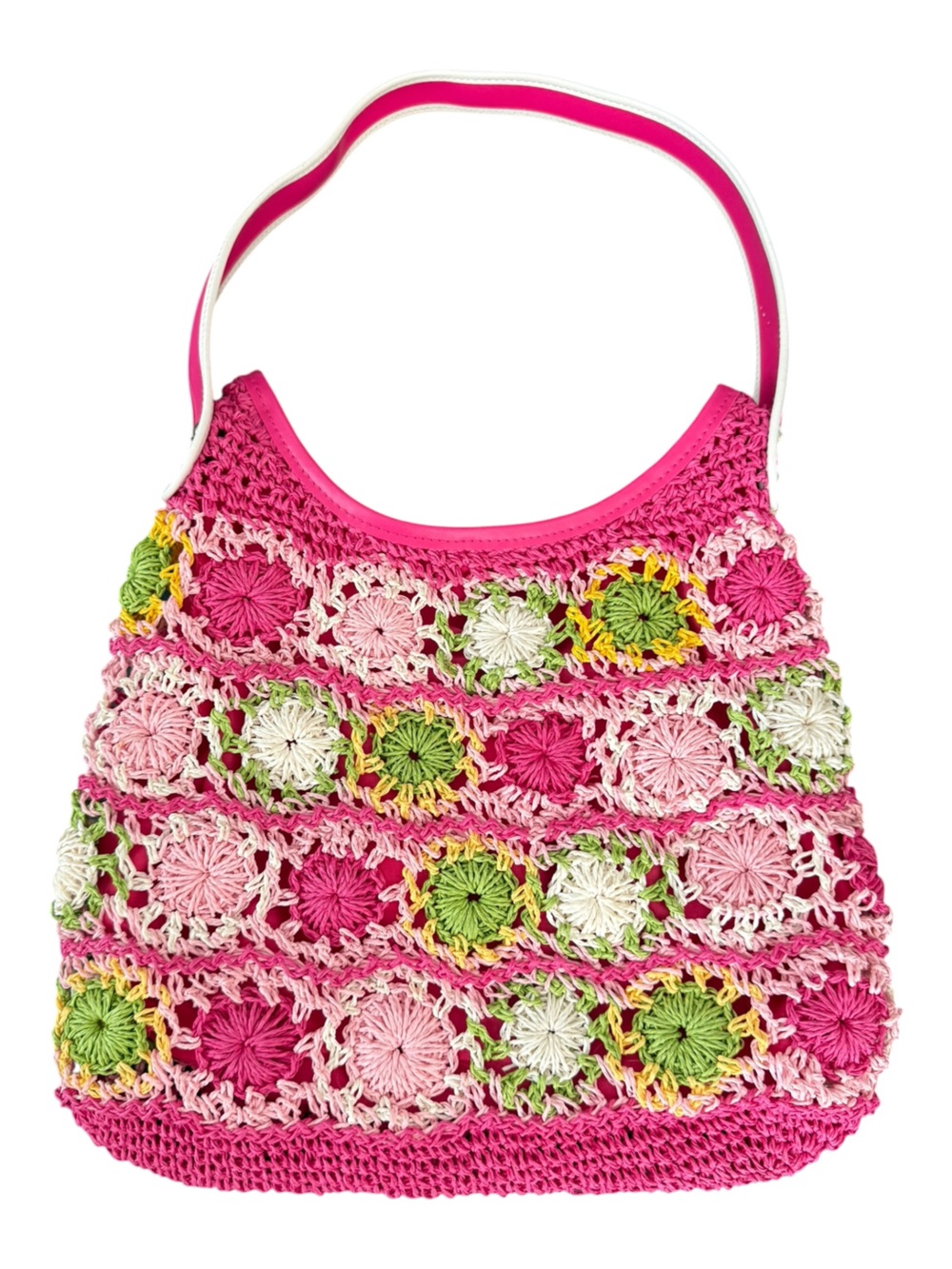 Pink Crochet Floral Shoulder Bag Straw Hobo Knit Cottagecore 14”x14”